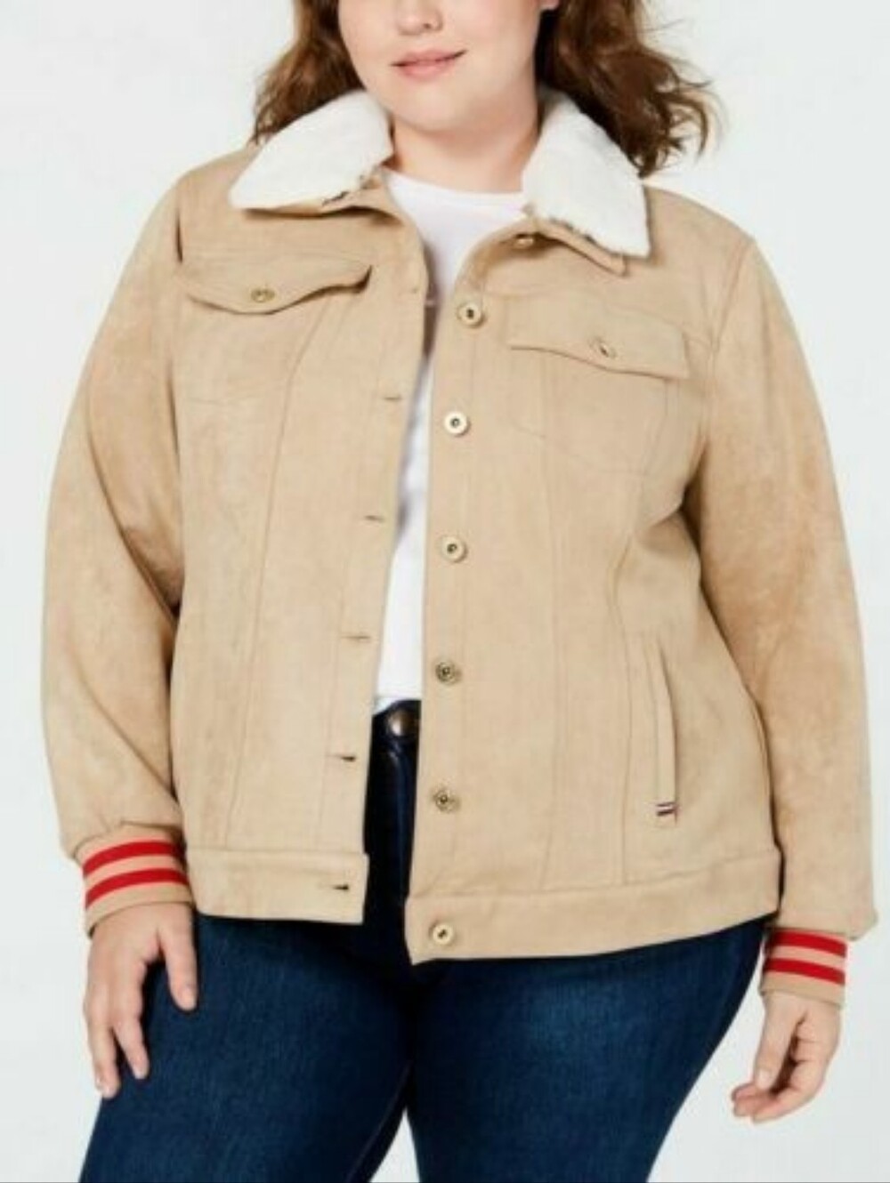 Tommy Hilfiger jacket in faux suede, varsity stripes & removable faux fur collar